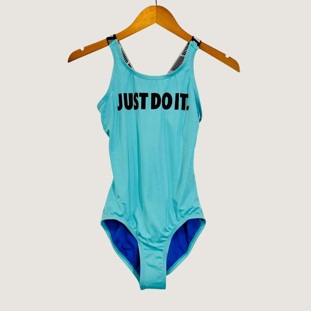Nike swimsuit girls Large blue Just Do It one piece racerback logo straps NWT